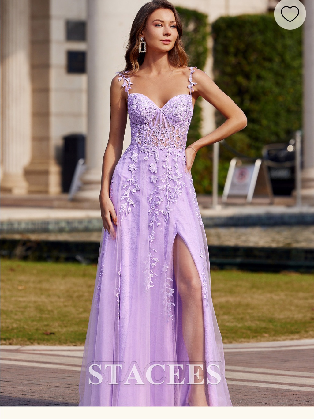 Stacees Lavender Embroidered Sweetheart Prom Gown With Thigh Slit